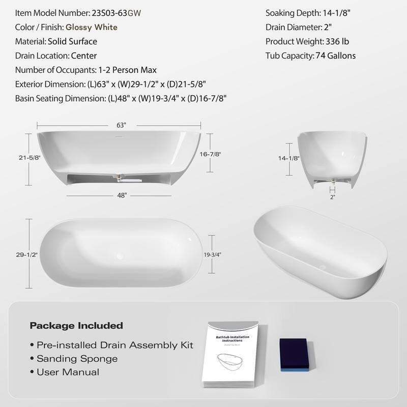 ABRUZZO Glossy White Freestanding Solid Surface Bathtub with Overflow and Pop-up Drain