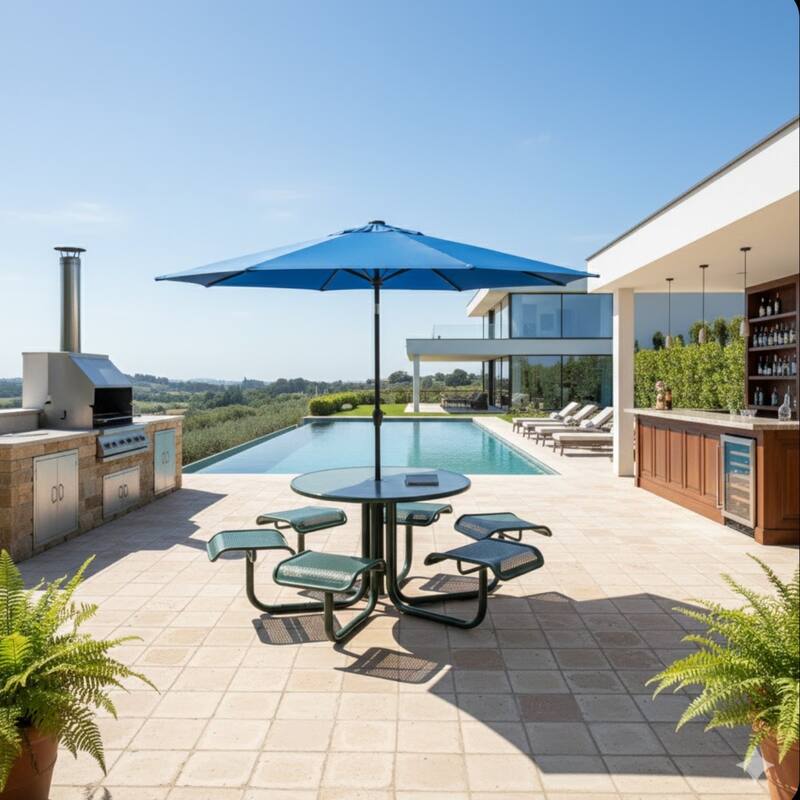 11 Feet Blue Solar LED Patio Umbrella with Crank Lift , Tilt, 8 Ribs (Without base)