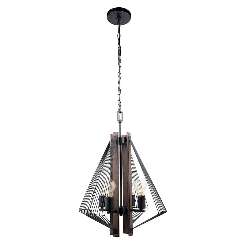 4-Light Black Metal and Wood Pendant Light - 18"D x 18"W x 96"H