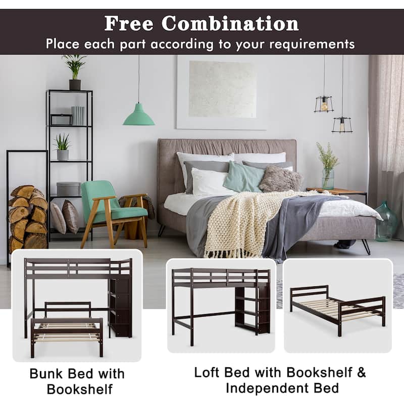Costway Twin Over Twin Loft Bunk Bed Wood w/Bookcase Guardrail Ladder - 79.5'' x 44'' x 58.5''