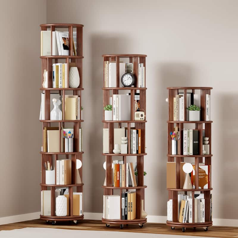 100%Solid Wood Rotating Bookshelf on Wheels, 6 Tier, Round Revolving Bookcase, 360°Spinning Book Shelf Tower, Narrow Bookshelves