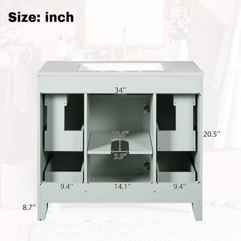 36" Green Bathroom Vanity with Ceramic Sink, Soft-Close Doors, 2 Double-Layer & 2 Standard Drawers, Adjustable Shelf