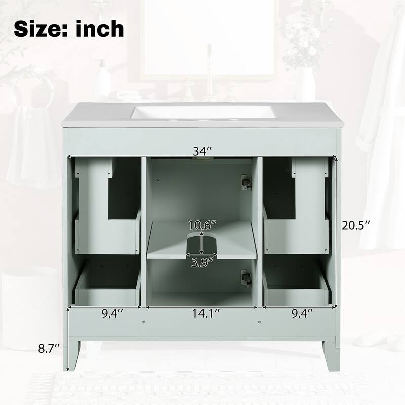 Elegant Green & Gold Cabinet Bathroom Vanity with Vertical Stripe Door, Standard Drawers, 2-Layer Drawers and Adjustable Shelf