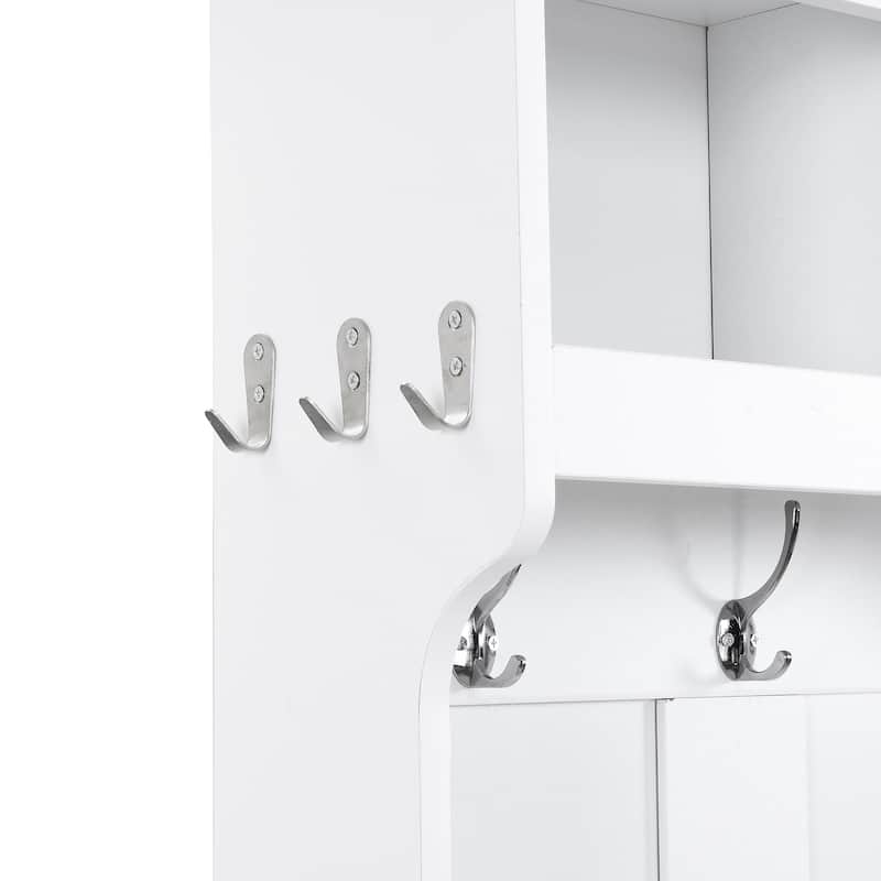 Roomfitters Wide Hall Tree with Storage Bench, 4-in-1 Entryway Organizer with Coat Rack, Shoe Cubbies and Shelves for Hallway