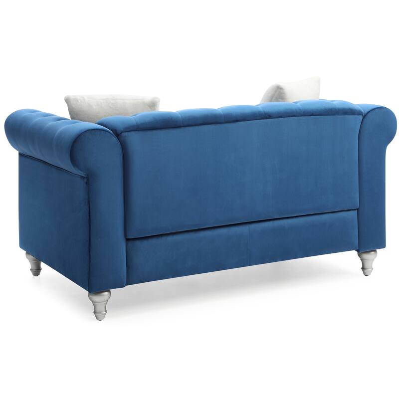 Velvet Upholstered Loveseat Sofa, Couch Settee with Round Arms, 2 Seater Sofa with 2 Throw Pillow and Nailhead Decoration