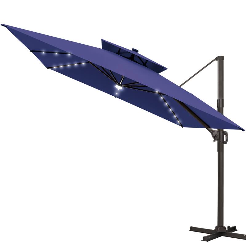 11 FT Square Outdoor Patio Cantilever Umbrella with Solar Lights Double Canopy 360 Rotation Tilt