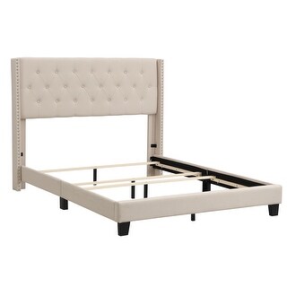 Queen Size Nailhead Trim Upholstered Platform Bed with Tufted Wingback ...