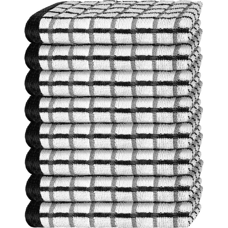 White Classic Premium Dish Towels for Kitchen, Hanging Loop, 8 Pc 16x26 - Black