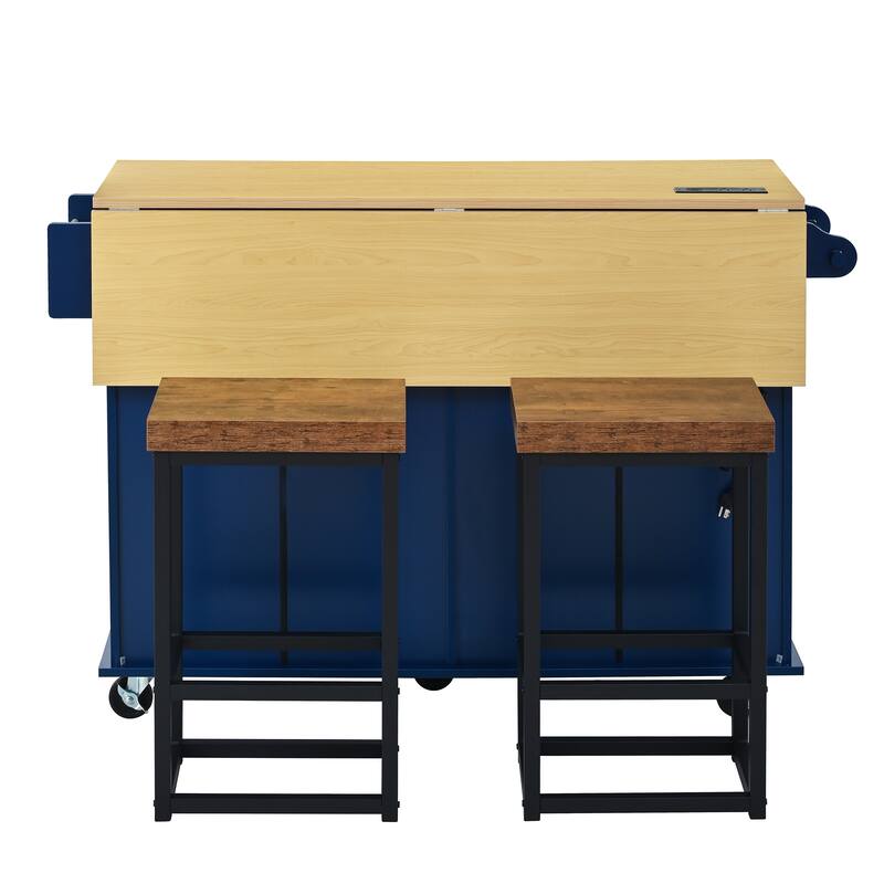 Farmhouse Kitchen Island on Wheels with Drop Leaf, 2 Seating & Power Outlet