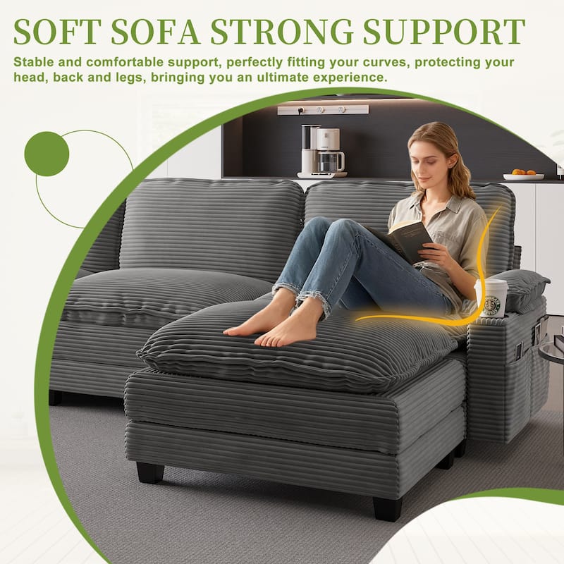 113" L Shaped Sectional Sofa, Deep Seat Cloud Couch with Ottoman, Oversized Corduroy Couch with Cup Holders, Storage Bags