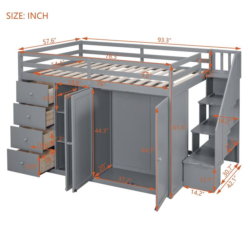 Gray Full Size Wood Loft Bed with Built-in Wardrobes and Drawers