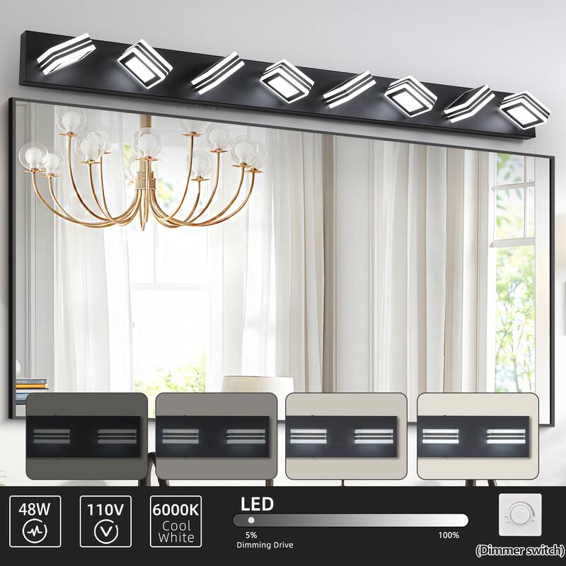52" Modern 8-Light LED Vanity Light, Square Acrylic Lampshades Wall Mount Fixture for Bathroom, Mirror Lighting