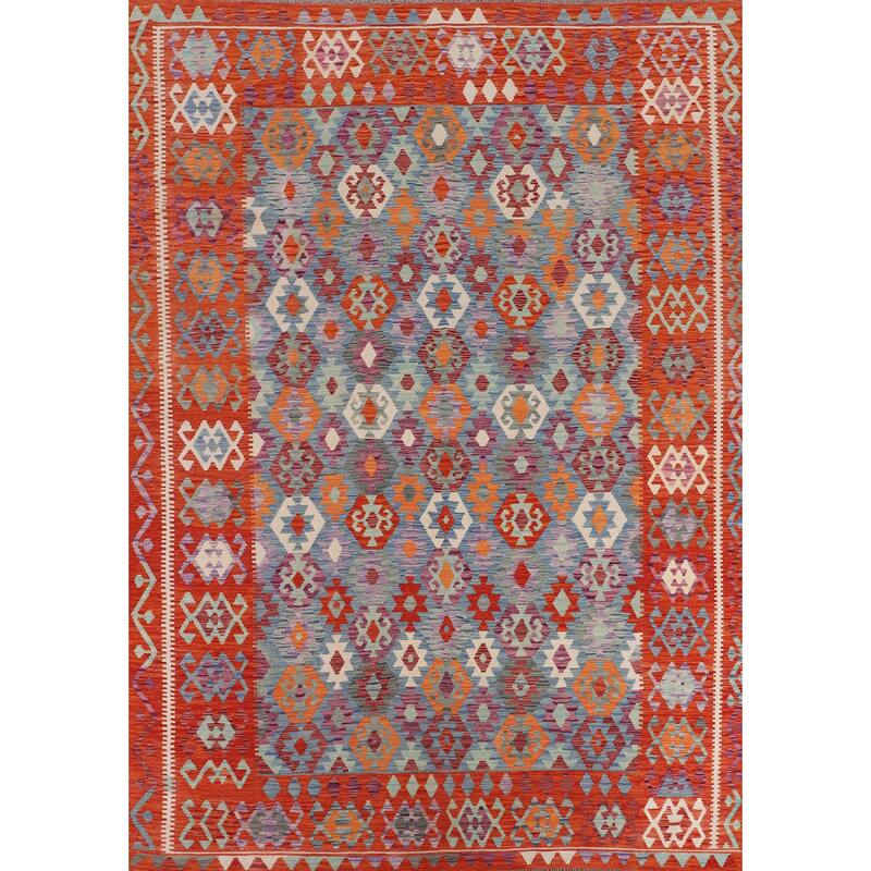 Hand Woven Oriental 100% Wool Carpet Southwestern All-Over Navy Blue & Blues Kilim Area Rug - 11' 10'' X 8' 5''