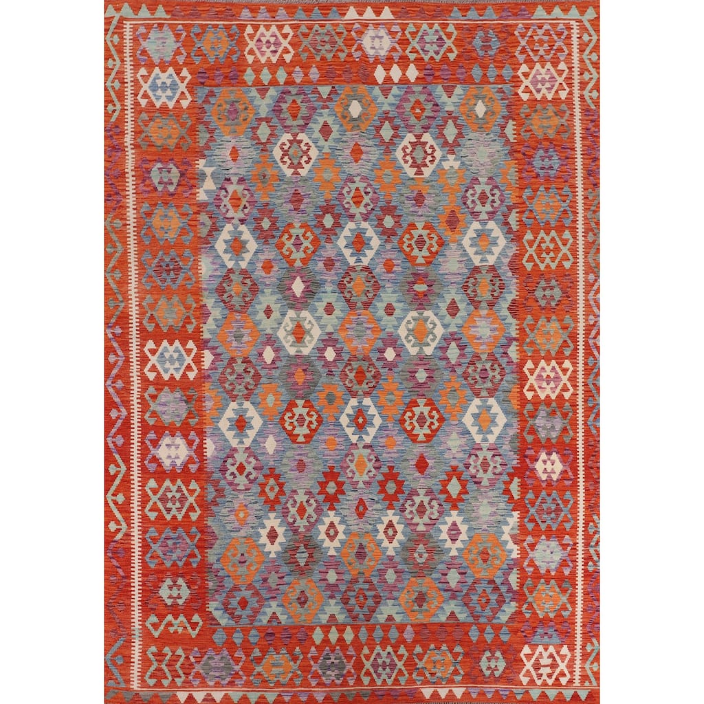 Hand Woven Oriental 100% Wool Carpet Southwestern All-Over Navy Blue & Blues Kilim Area Rug - 11' 10'' X 8' 5''