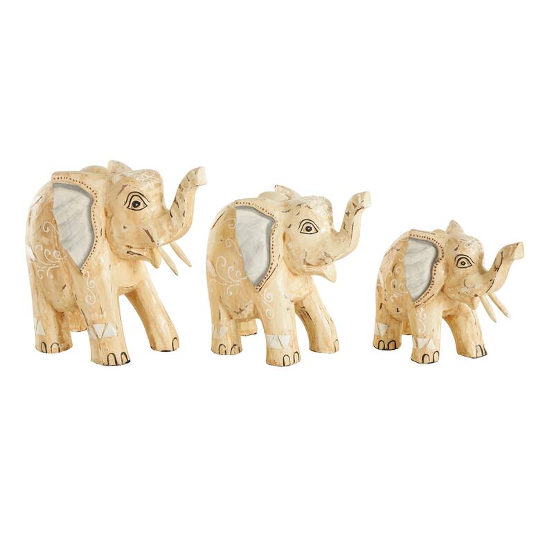 Light Brown Wood Handmade Elephant Decorative Sculpture with Scroll and Floral Patterns (Set of 3)