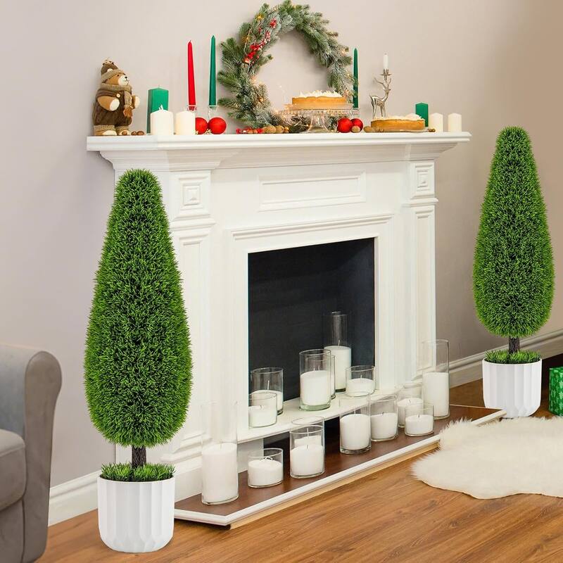 3 FT Artificial Cedar Teardrop Shaped Topiary Tree 2 Pack Potted Décor