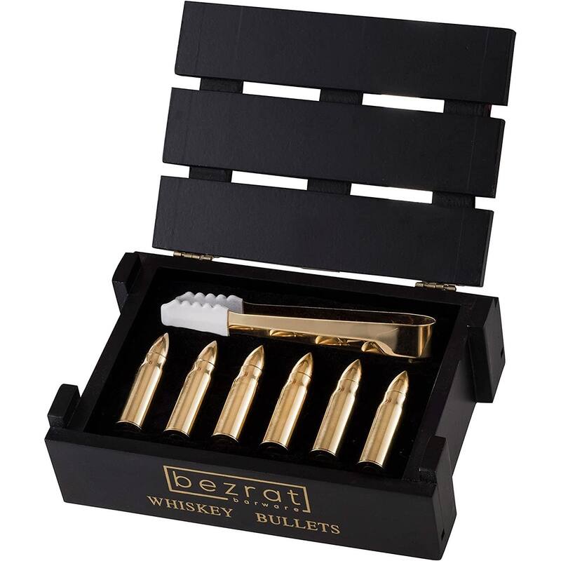 Set of 6 Gold Whiskey Chilling Stones - Gold Ice Tongs - Clear