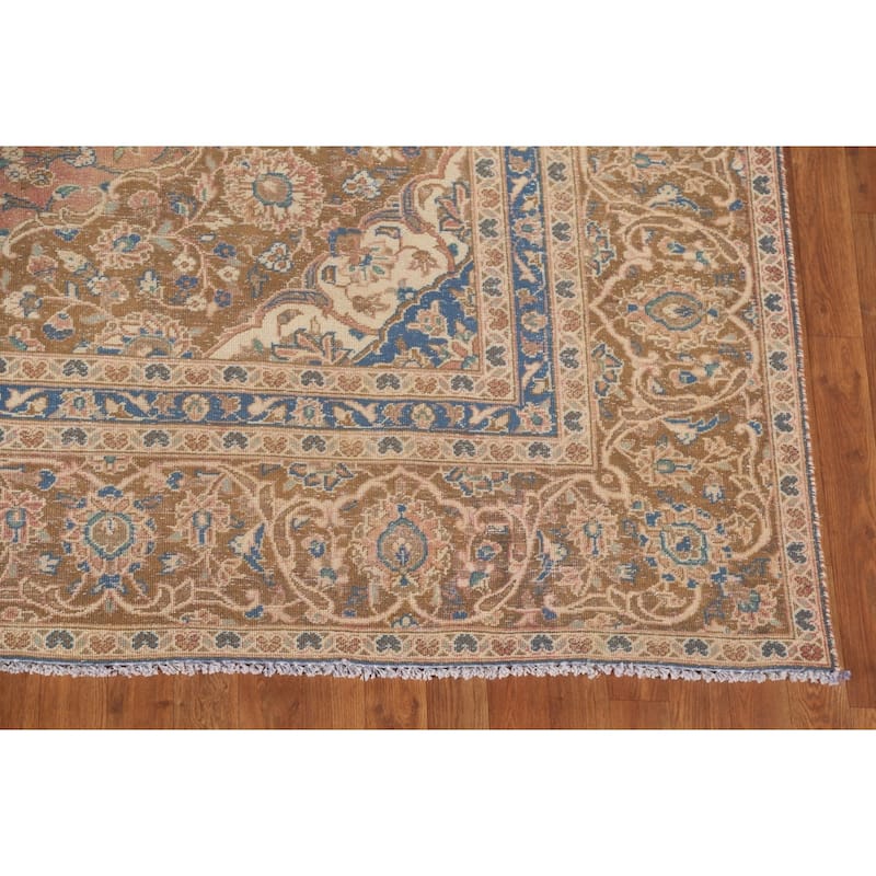 Traditional Pink Mashad Persian Vintage Rug Hand-Knotted Wool Carpet - 8'10"x 12'5"