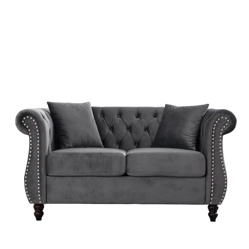 Anmytek Velvet Chesterfield 2-Seater Sofa - Tufted with Rolled Arms Nailhead and 2 Pillows