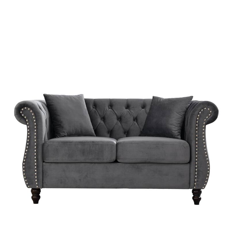 Velvet Chesterfield Upholstered Sofa, Low Back Tufted Sofa with 2 Pillows, 2 Seater Sofa with Nailhead Trim & Rolled Arms