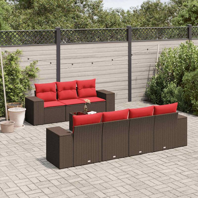 vidaXL 8 Piece Patio Sofa Set with Cushions Black Poly Rattan - 21.7" x 24.4" x 27.2" - Brown and red