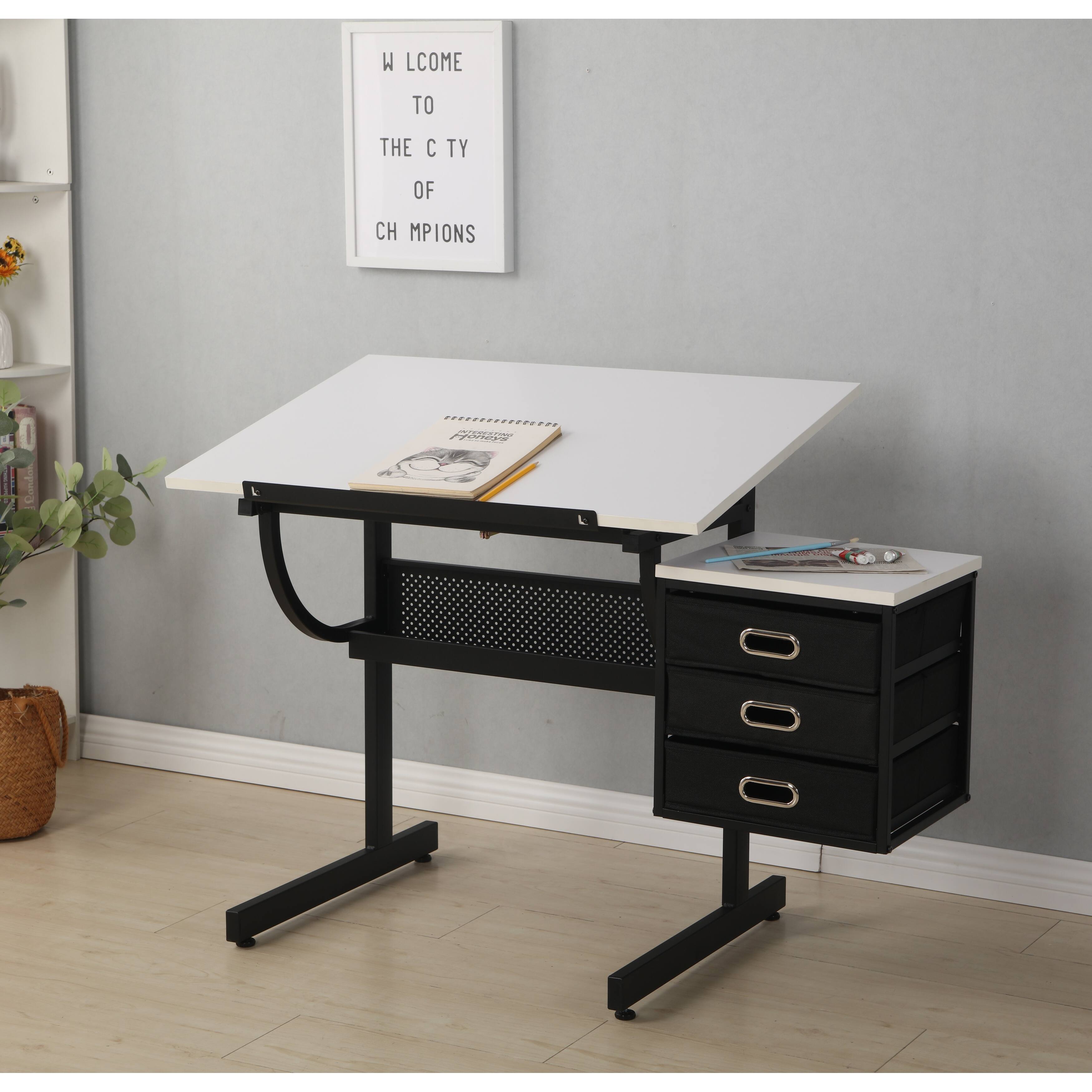 Adjustable Drafting Table w/ Stool, 3 Drawers, and Glass Top Bed Bath