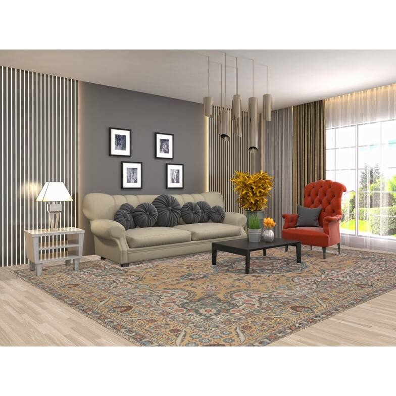 Hand Knotted Oriental 100% Wool Carpet Traditional Floral Peach Mashad Area Rug - 12' 7'' X 8' 10''