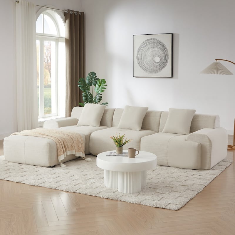 113" Modern L-Shaped Corduroy Modular Sectional Sofa with Movable Ottoman - Beige