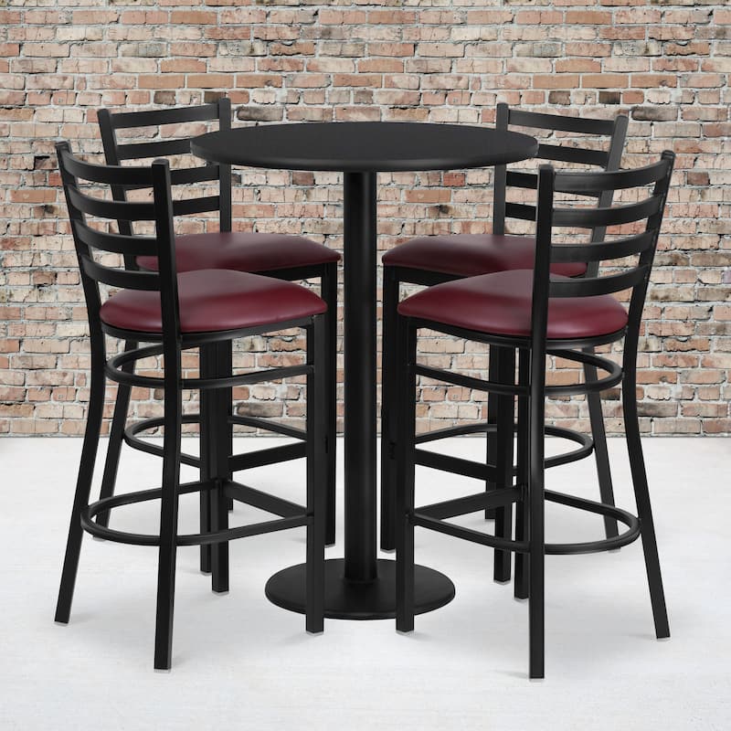 30'' Round Laminate Table Set with Round Base and 4 Ladder Back Metal Barstools