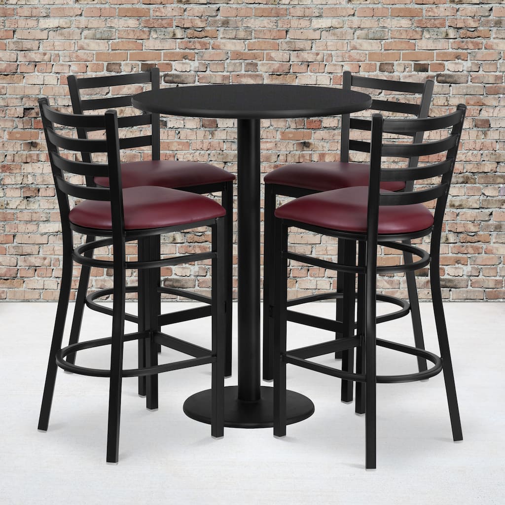 30'' Round Laminate Table Set with Round Base and 4 Ladder Back Metal Barstools