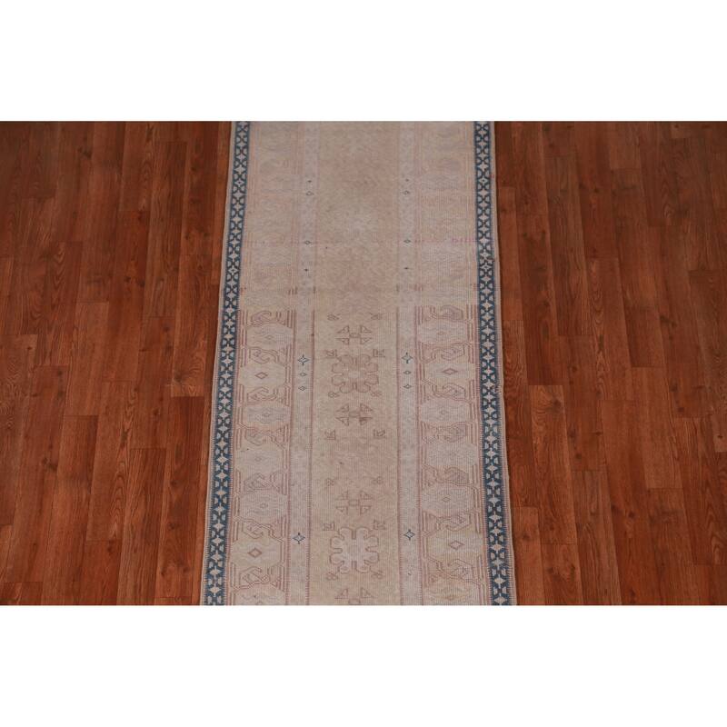 Hand Knotted Oriental 100% Wool Carpet Transitional Geometric Peach Oushak Runner Rug - 13' 8'' X 2' 4''