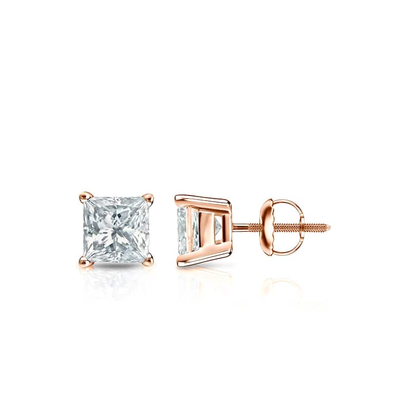 Auriya 14k Gold Lab Grown Princess Diamond Stud Earrings 0.50 to 5.00 ct. tw. 4-Prong Basket Screw-Back (F-G VS) - Rose - 0.50 ct. tw.