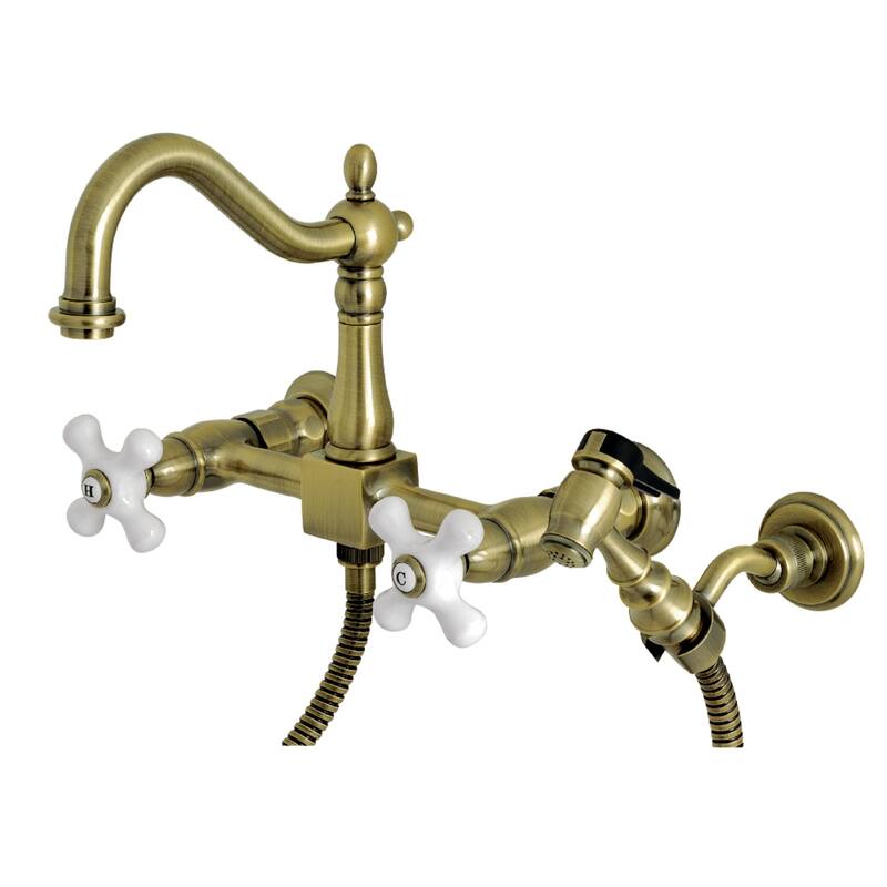 Kingston Brass Heritage Wall Mount Bridge Kitchen Faucet with Brass Sprayer