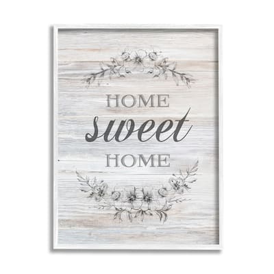 Stupell Home Sweet Home Floral Stencil Ornament Rustic Sign Framed Wall Art,Design by Bluebird Barn - Grey