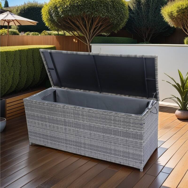 Oaks Aura 113 Gallon Outdoor Wicker Storage Box with Lid for Kid's Toys, Pillows, or Towel