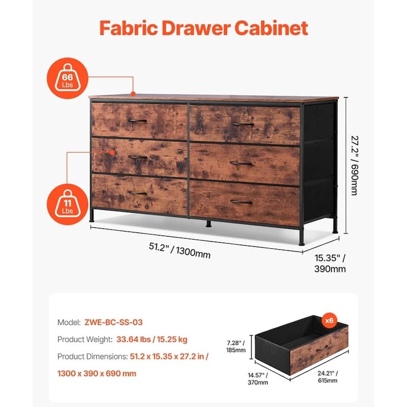 6 Drawer Dresser Closet Dresser TV Stand with Steel Frame Brown - 52 inches