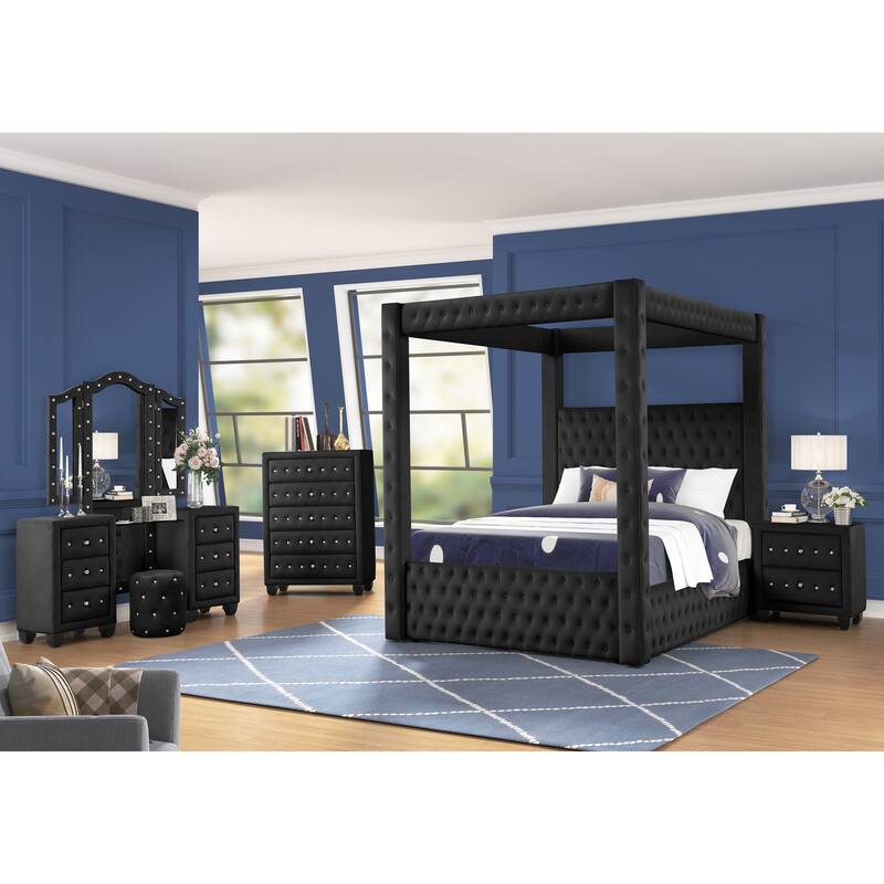 Monica Modern Style Crystal Tufted 4PC/5PC Vanity Bedroom Set Made with Wood