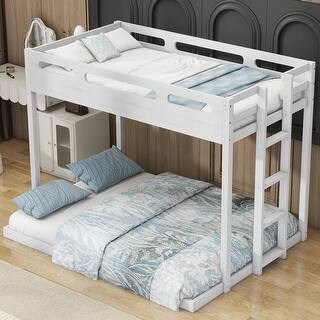White Twin over Full Solid Wood Bunk Bed with Ladder