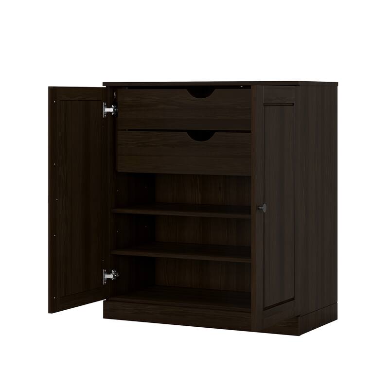 Solid Wood Short Freestanding Bathroom Linen Cabinet with Doors & Drawers, Adjustable Shelves, Modular Storage, 32" W x 35.75" H - Espresso