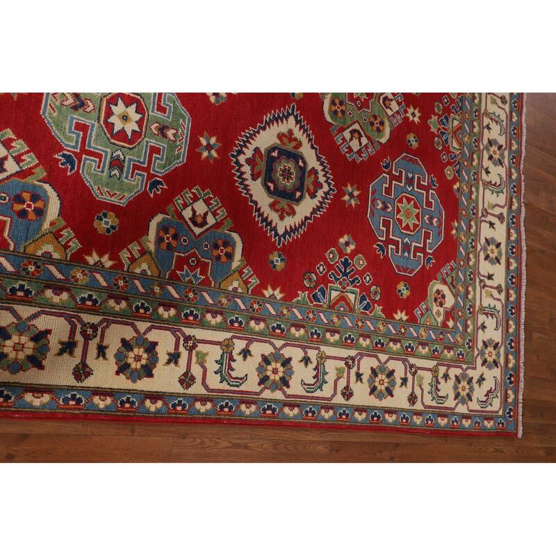 Geometric Red Kazak Area Rug Living Room Hand-Knotted Wool Carpet - 6'8" x 10'3"