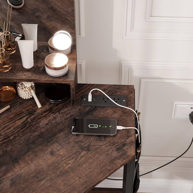 Corner Vanity Desk and Stool, Makeup Dressing Table Set with Light Bulbs Mirror