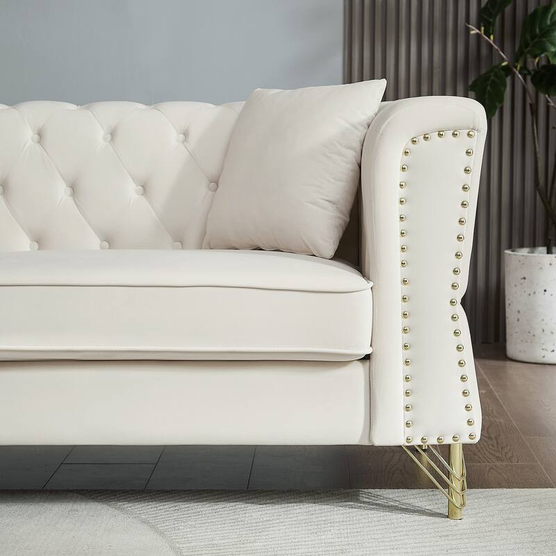 60.2" Chesterfield Velvet Sofa, 2-Seater Tufted Couch with Nailhead Trim and Metal Legs, Ideal for Living Room