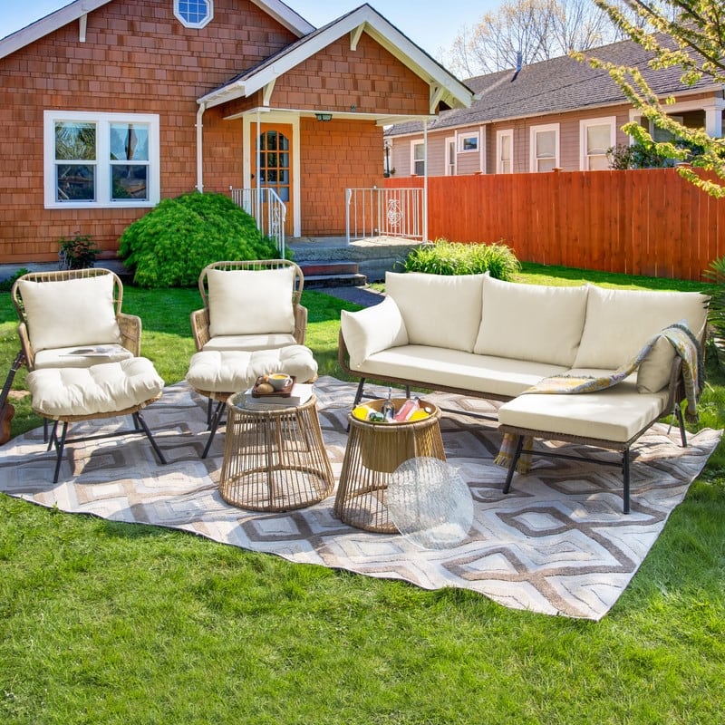8-Piece Outdoor Boho Wicker Patio Furniture Set, L-Shaped Sectional Sofa with 2 Chairs, 2 Ottomans & Ice Bucket Table - Beige