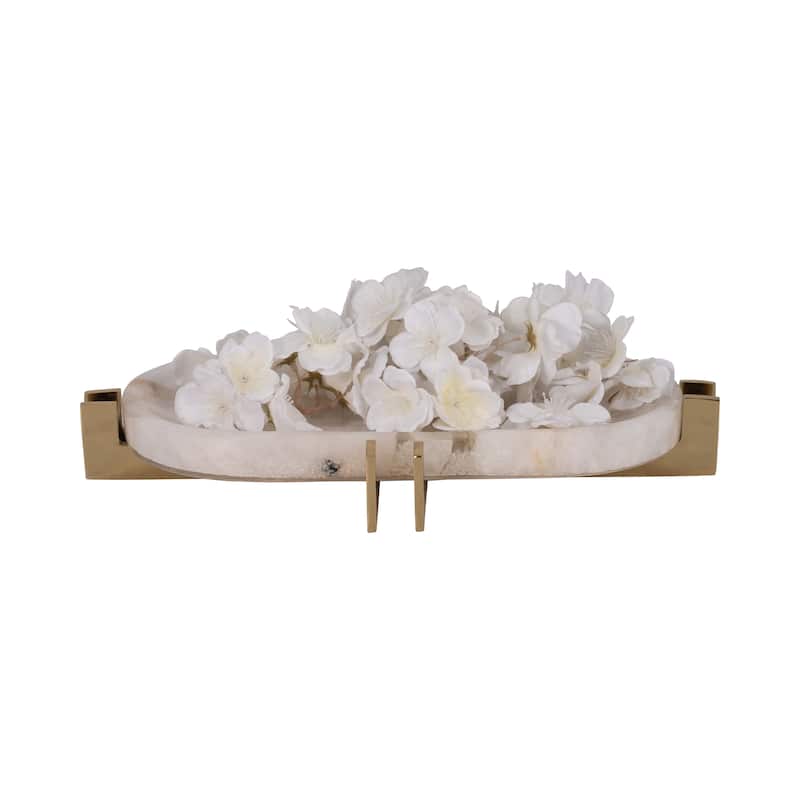 Sagebrook Home Quartz-Inspired 14" White Stone Tray With Gold Iron Details, Trays and Plates, Solid White - 14" x 8" x 2"