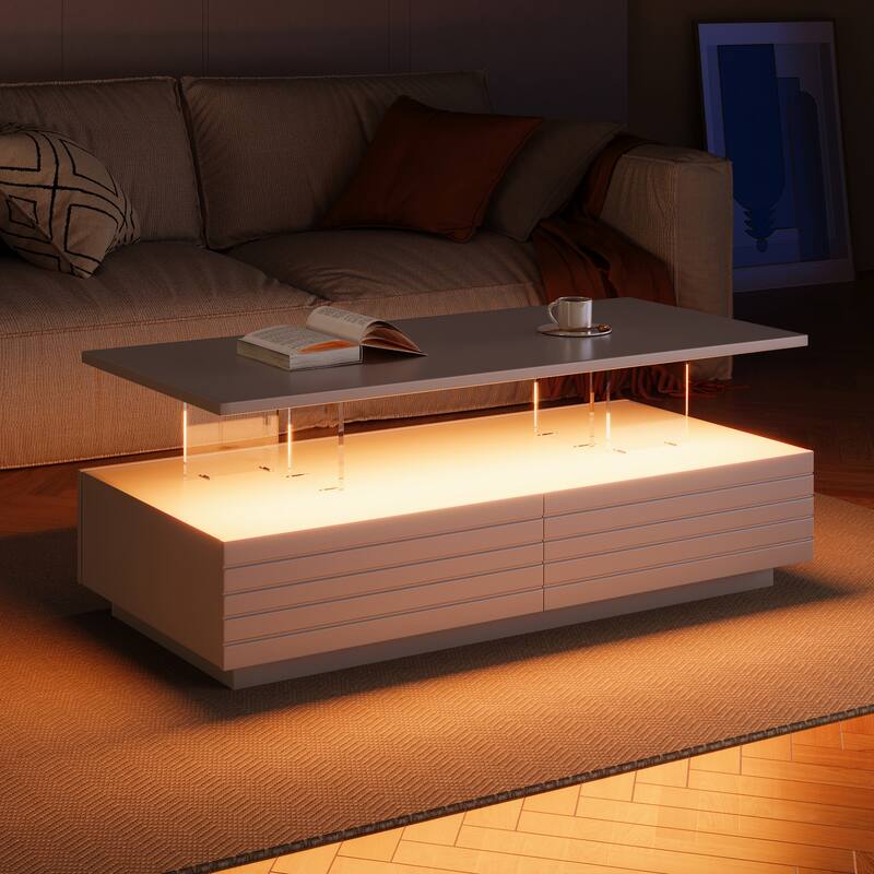 Modern White Rectangular LED Lights Coffee Table with 2 Drawers