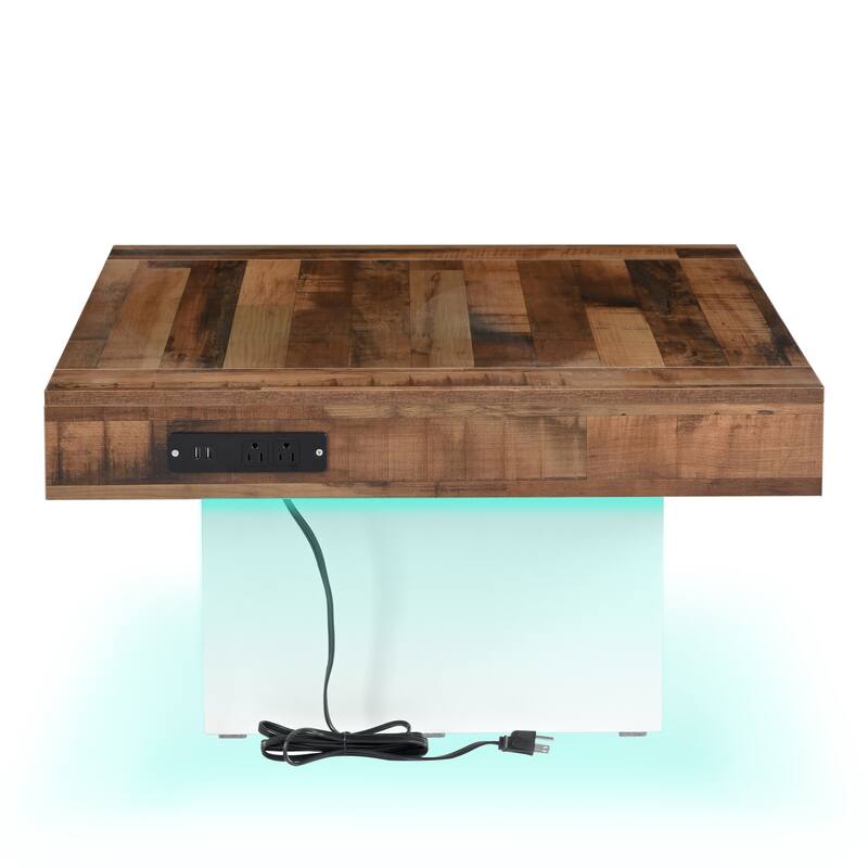 Farmhouse Coffee Table with 2 USB Ports and Outlets, Brown Spliced Wood Grain Center Table with LED Light