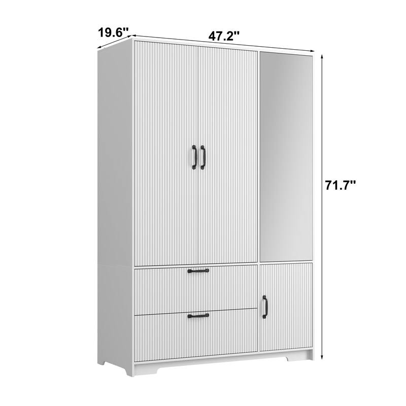 4 Doors Wardrobe Closet White Storage Cabinet with Mirror, Minimalist Armoire Closet with Hanging Rod