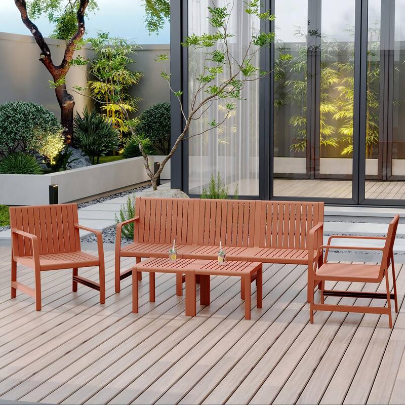 Malwee Indoor/Outdoor Furniture Chair Set with Table, All-Weather UV Resistant PP Material, for Garden, Balcony & Living Room - Apricot Brown - 5-Piece
