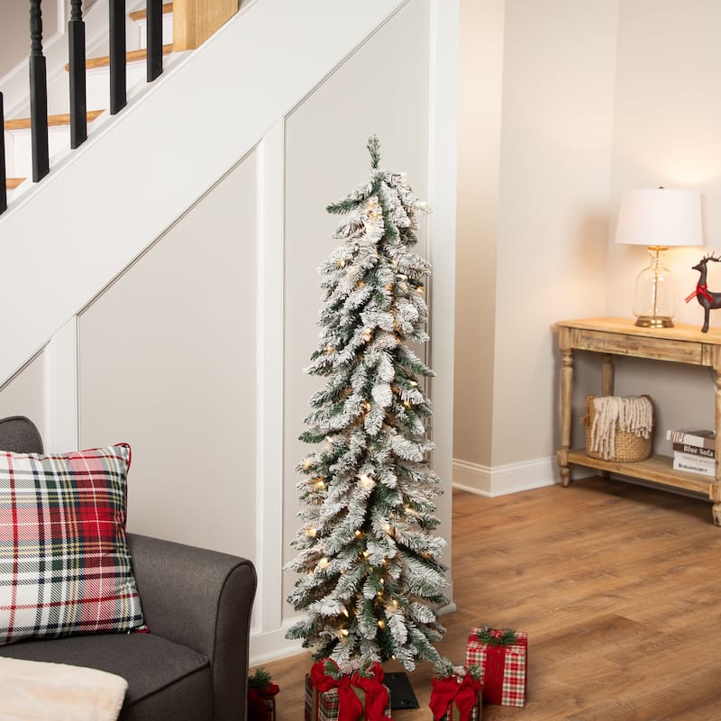 Pre-Lit Pencil Flocked Alpine Artificial Christmas Tree - 5' - Clear Lights - 5 Foot