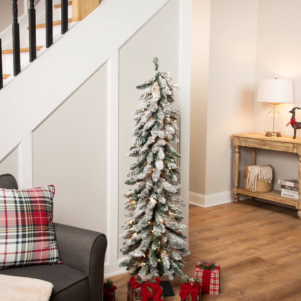 Pre-Lit Pencil Flocked Alpine Artificial Christmas Tree - 5' - Clear Lights - 5 Foot